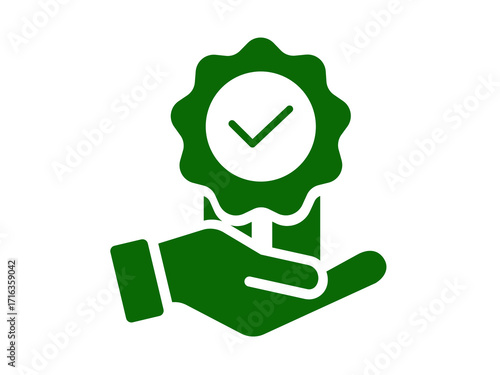 Green checkmark in a gear shape displayed on a hand symbolizing quality approval and successful service delivery assurance
