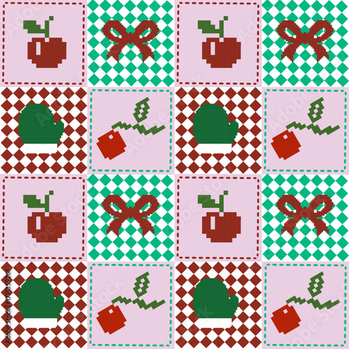 Festive checkerboard pattern featuring red apples, red bows, and green mittens on alternating pink, green, and red squares with diamond accents. Perfect for holiday textiles, gift wrap, and seasonal c