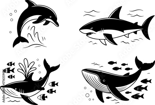 "Shark, Dolphin, and Fish Silhouette Collection"

"Ocean Life Vector Set – Marine Animal Silhouettes"

"Underwater Creatures: Shark, Dolphin & Fish Designs"