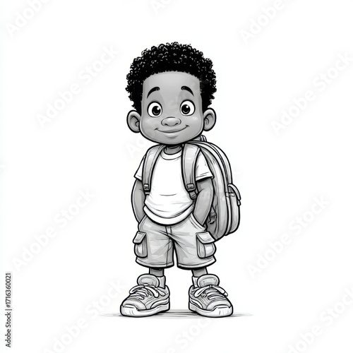 Cartoon boy, happy and confident, ready for school or adventure against a white background with copy space
