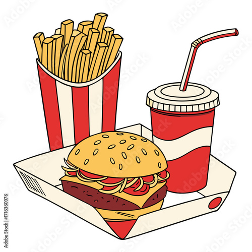 Classic american fast food meal with a juicy hamburger french fries and a soda drink