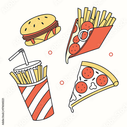 A vibrant and fun illustration of fast food items including pizza slices a hamburger and french fries with a drink