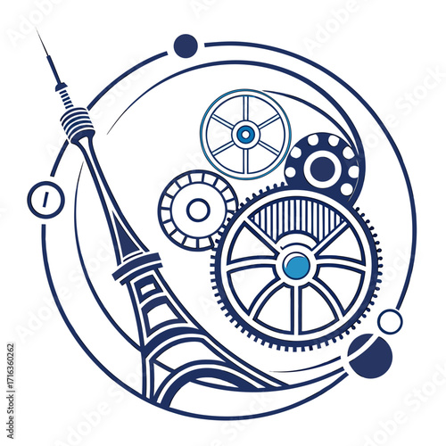 Abstract illustration of eiffel tower integrated with gears and planetary orbits symbolizing innovation and technology