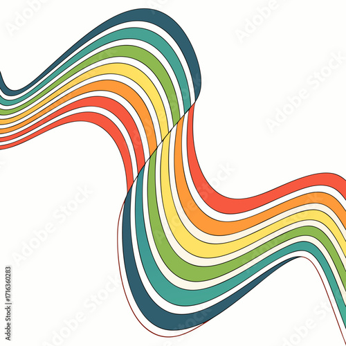 Abstract retro rainbow waves flowing across a clean white background with a subtle dark red outline