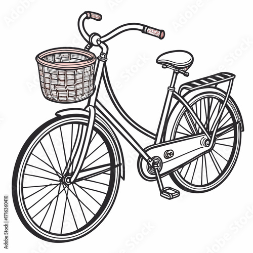 Classic black and white line drawing of a vintage bicycle with a wicker basket and rear rack