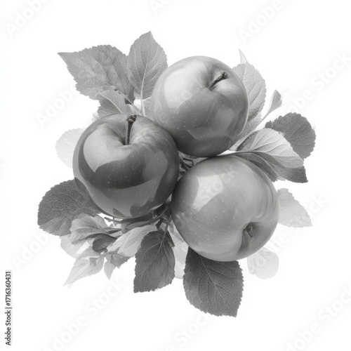  Monochrome still life of three apples and leaves, natural, representing freshness and organic food on a white background with copy space