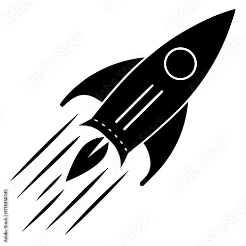 Black rocket ship in flight with motion trails spaceship