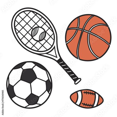 Collection of hand drawn sports equipment including tennis racquet soccer ball basketball and football