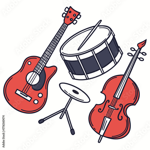 Collection of red and blue musical instruments including guitar drum cello and cymbal