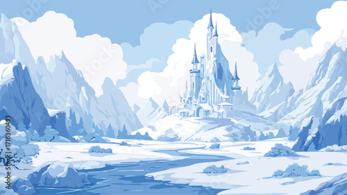 Snowy Landscape with Ice Castle Vector Illustration