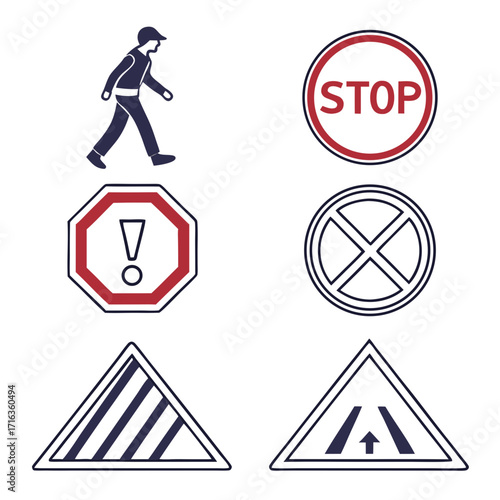 Collection of traffic and pedestrian safety signs including stop warning and pedestrian crossing symbols