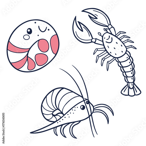 Cute cartoon outline drawings of a lobster shrimp and a round sea creature with pink spots