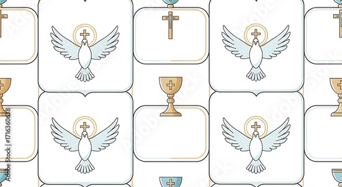 Seamless Pattern with Christian Religion Icons – Vector Illustration of Dove, Chalice, and Cross, Perfect for Wrapping Paper, Greeting Cards, and Religious Invitations
