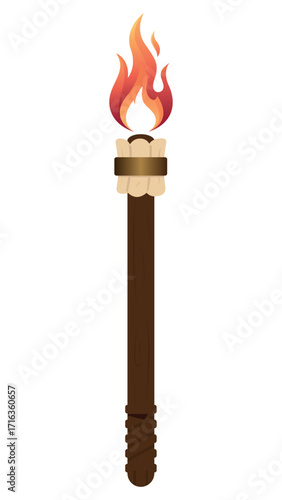 A stylized illustration of a flaming wooden torch with a vibrant gradient flame, symbolizing adventure, ancient history, leadership, and illumination.