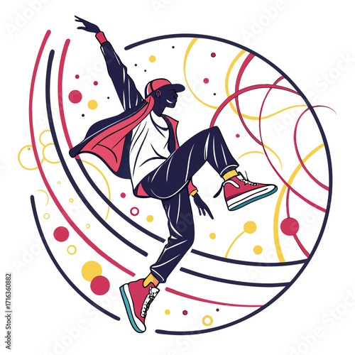 Energetic silhouette of a breakdancer in motion with abstract colorful circular background elements
