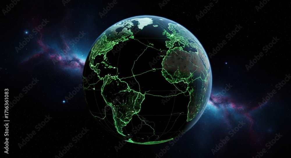 Naklejka premium Futuristic Digital Earth Globe with Green Network Lines in Outer Space