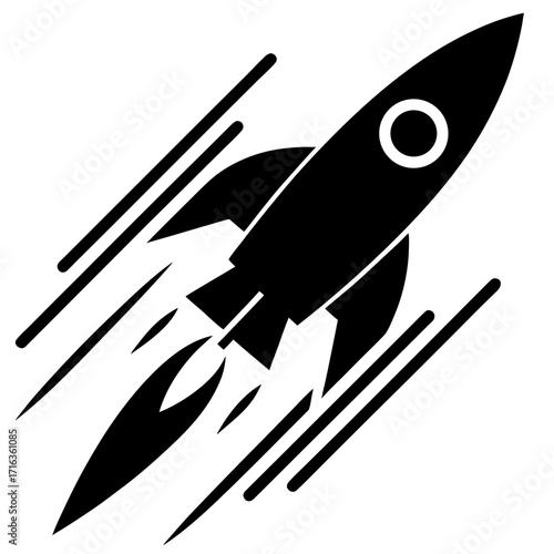 Black rocket ship with exhaust trails flying upwards