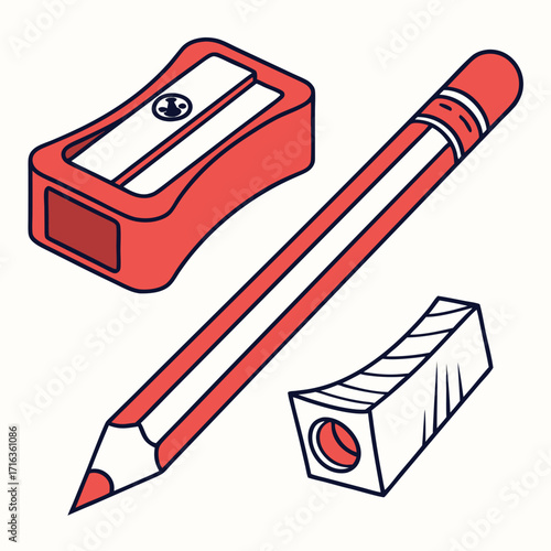 Red pencil sharpener and pencil with eraser and small sharpener on white background