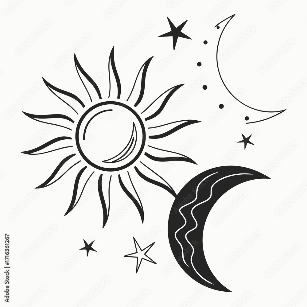 Obraz premium Stylized celestial bodies including a sun crescent moons and stars in a whimsical black and white illustration