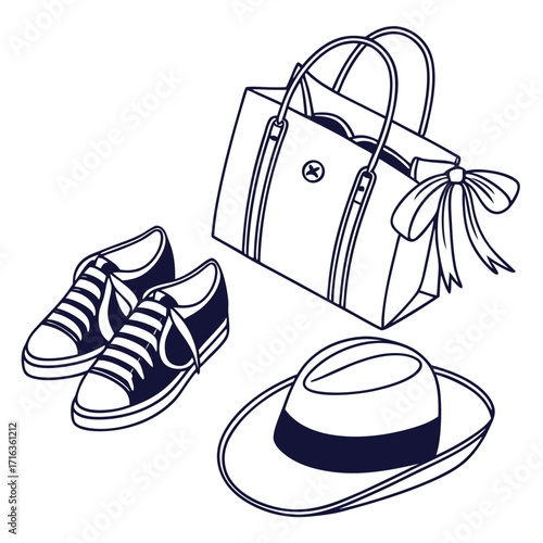 Stylish travel essentials including a duffel bag fedora hat and sneakers with a bow detail