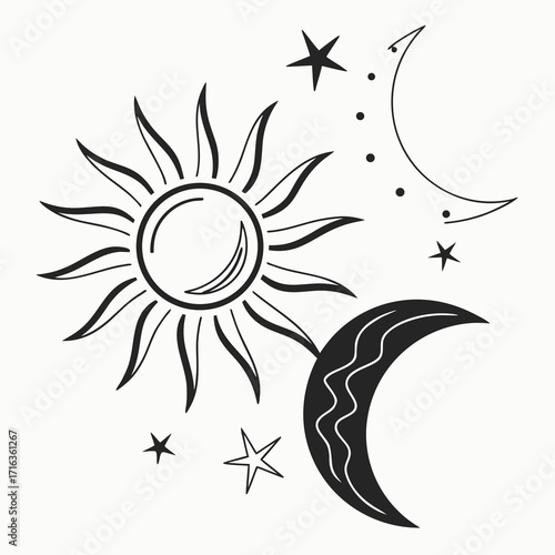 Stylized celestial bodies including a sun crescent moons and stars in a whimsical black and white illustration