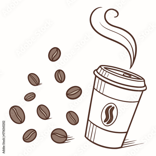 Stylized hand drawn illustration of a steaming coffee cup with scattered coffee beans on a white background