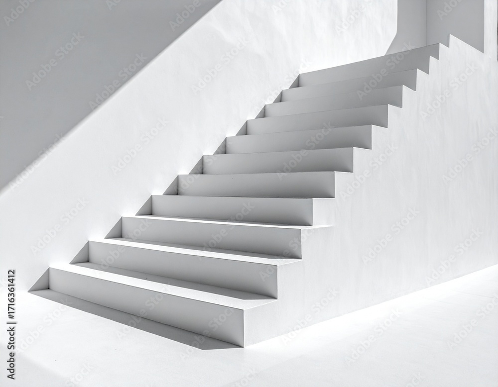 Naklejka premium Clean white concrete staircase casting sharp shadows, abstract geometry.