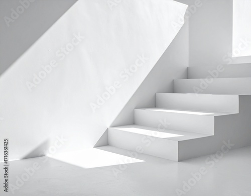 Clean white concrete staircase casting sharp shadows, abstract geometry.