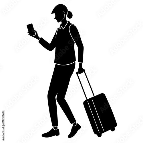 Black silhouette of a person with a suitcase and phone