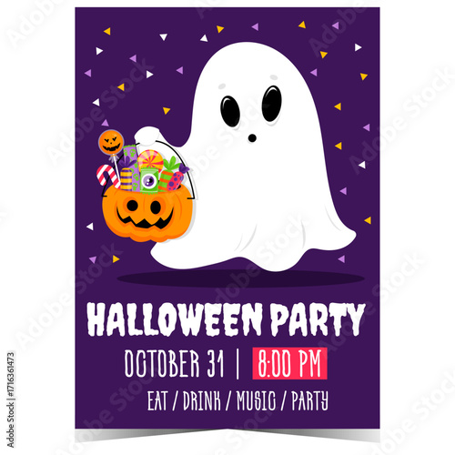 Halloween party poster featuring a cute ghost offering candy in a scary faced pumpkin. Invitation for a frightfully good time filled with spooky treats, hauntingly good music and creepy costumes.