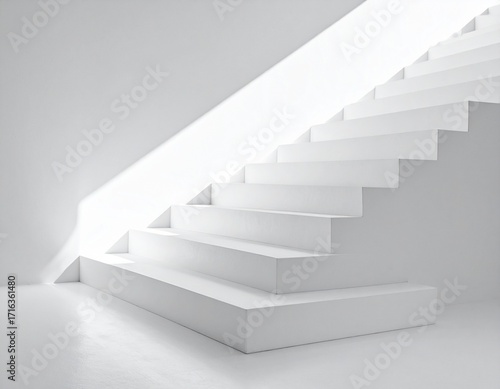 Clean white concrete staircase casting sharp shadows, abstract geometry.