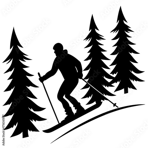 Black silhouette of skier descending snowy slope between pine trees