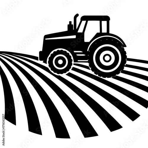 Black tractor on striped field graphic agriculture 2