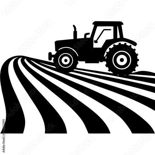 Black tractor on striped field graphic farm agriculture 1