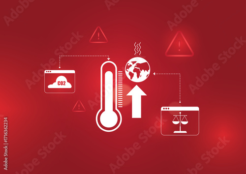 Global Warming infographic. Red infographic showing interconnected global warming elements including CO2 data, thermometer, Earth globe, arrows and warning triangles.Climate change.Vector illustration
