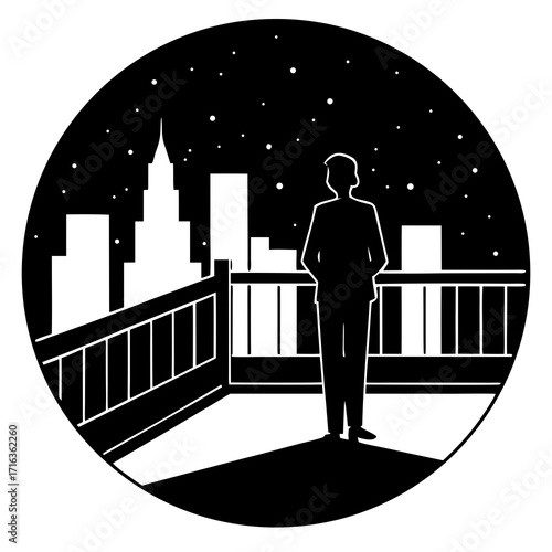 Man on balcony overlooking city skyline at night vector