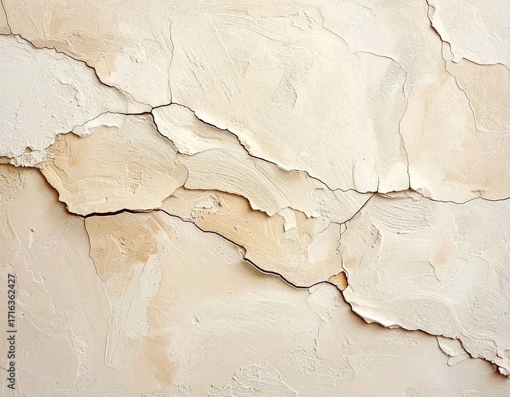 Obraz premium Soft beige plaster wall with imperfect cracks and subtle roughness, neutral minimal background.