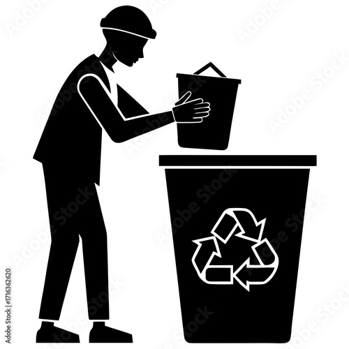 Person in hard hat placing item in recycling bin worker