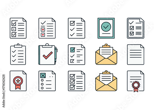 Set of Colorful Paperwork Icons for Business and Office Use Representing Documents Agreements and Tasks