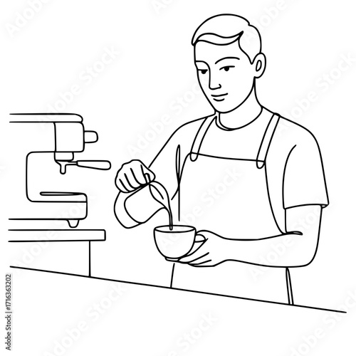  The barista prepares coffee at the counter. 