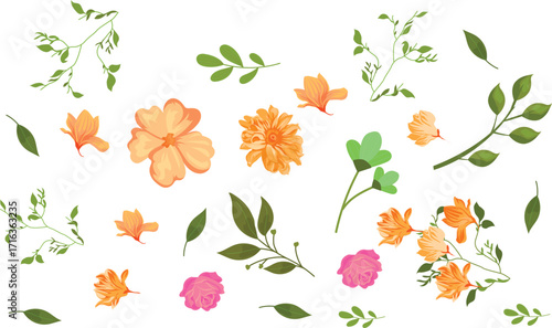 Collection of spring colorful flower elements vector. Set floral of wildflower, leaf branch, foliage on white background. Hand drawn blossom illustration for decor, easter, thanksgiving