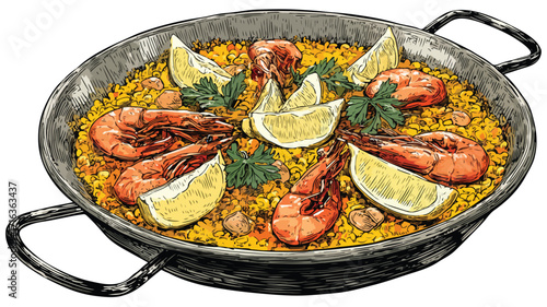 Authentic Traditional Spanish Paella Food Isolated on White Background