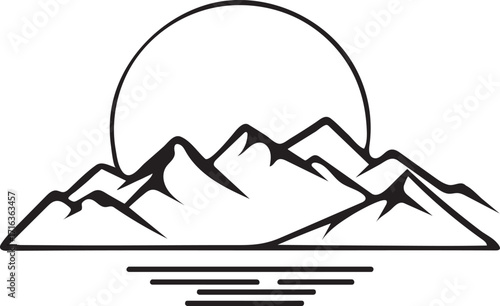 Minimalist mountain landscape silhouette with sun rising over water for adventure brand or logo design concept
