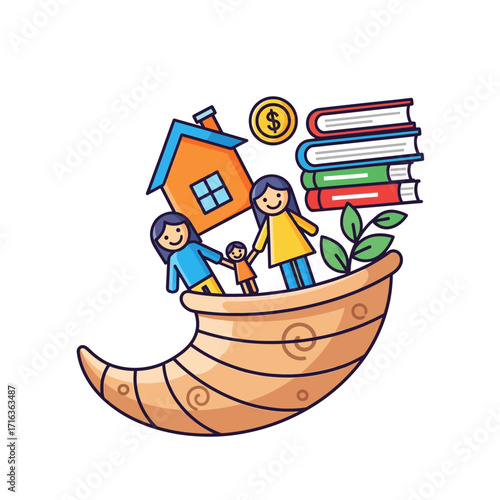 Cornucopia of Blessings Family, Home, Education, and Financial Well-being Illustration