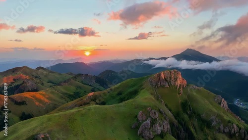 Aerial Drone View Flying Over Beautiful Mountain Ranges at Dusk