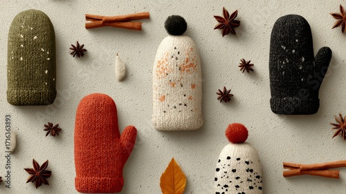  cosy winter pattern, hand-drawn mittens, scarves, knit stitches, cinnamon sticks and star anise