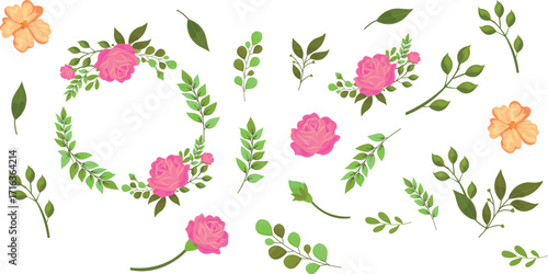 Collection of spring colorful flower elements vector. Set floral of wildflower, leaf branch, foliage on white background. Hand drawn blossom illustration for decor, easter, thanksgiving