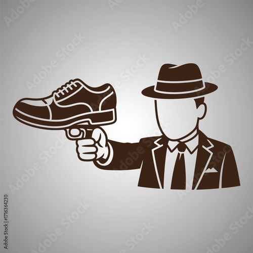 Man in suit and fedora holding a shoe like a gun fedora hat