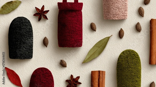  cosy winter pattern, hand-drawn mittens, scarves, knit stitches, cinnamon sticks and star anise