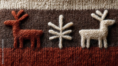 Nordic sweater repeat, reindeer and snowflakes, heathered yarn effect, terracotta and cream on cocoa ground